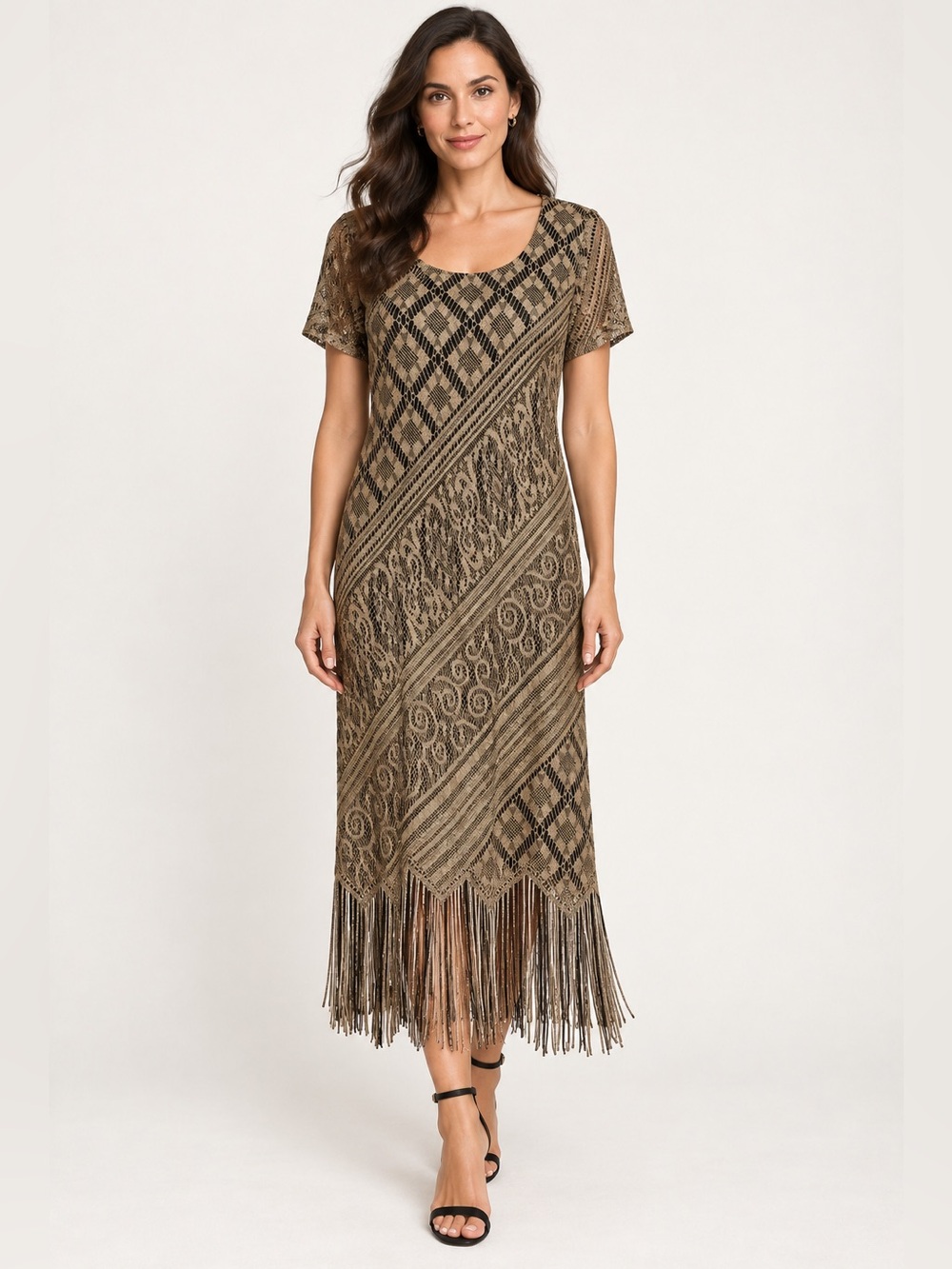 Women’s Size 10 Metallic Gold Black Lace Fringe Midi Dress NWT Art Deco Boho
